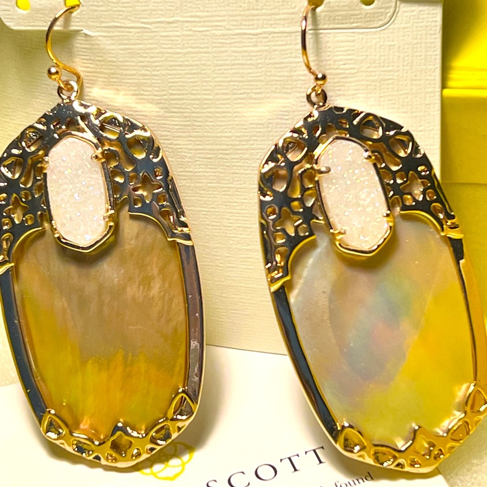 NWT Kendra Scott Deva Earrings Rose Gold Brown Pearl & Iridescent Drusy So RARE!